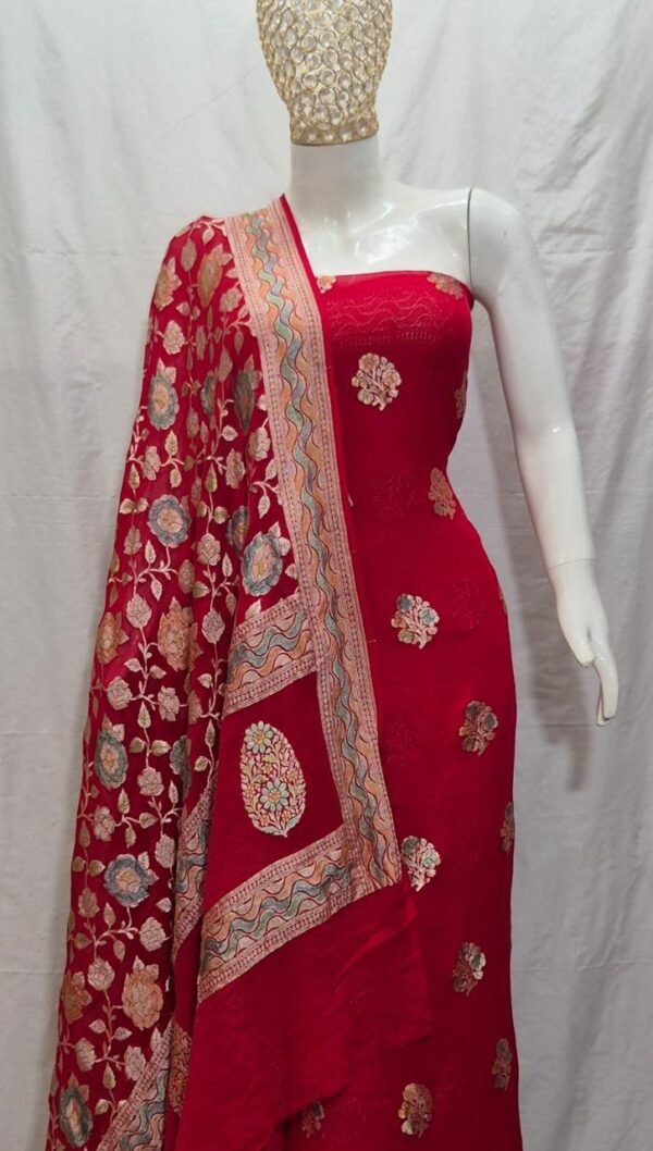 Red Meenakari Chiffon Pure Banarasi Khadi Suit Set